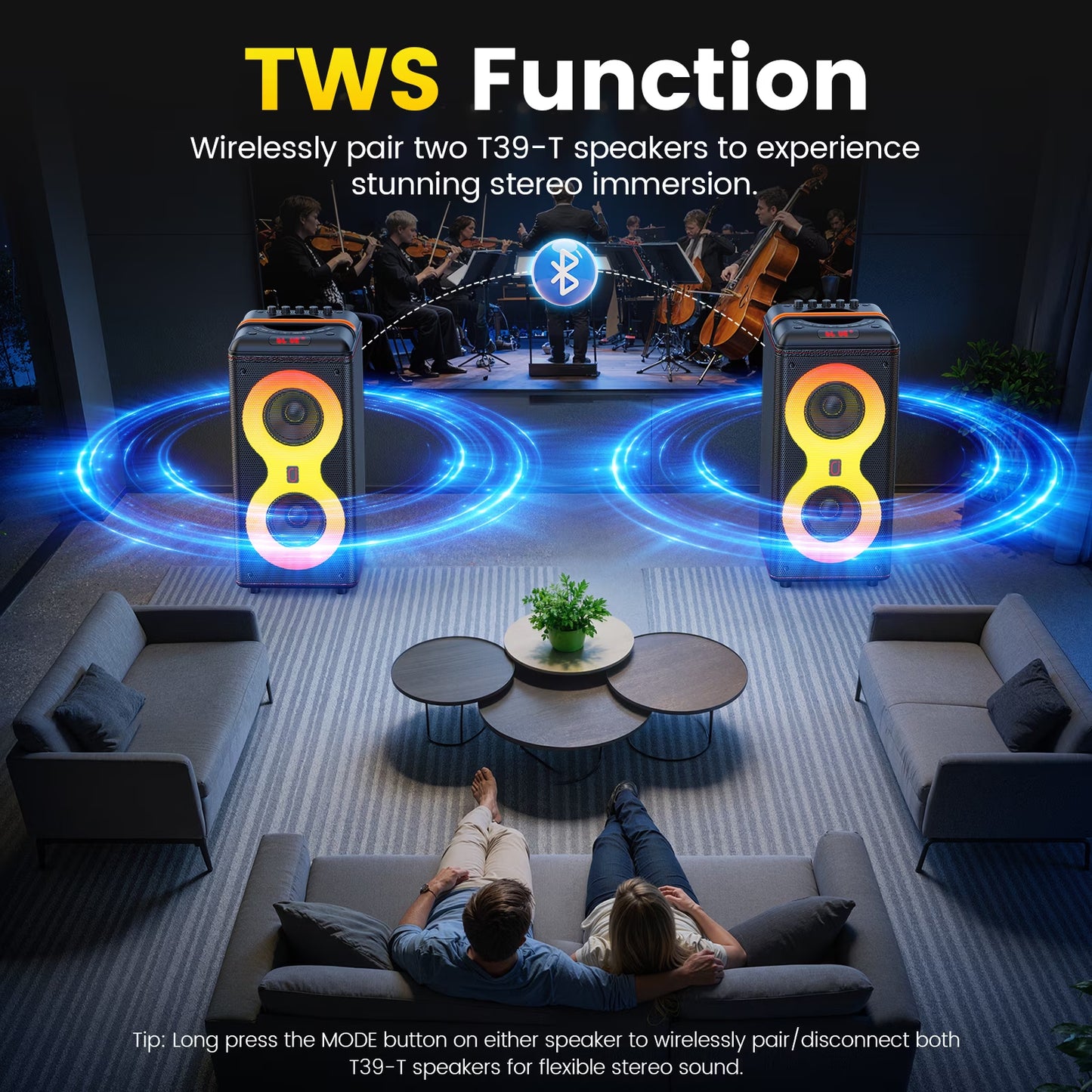 Party Speaker, Portable Outdoor Bluetooth Speaker with 2 Microphones, Led Lighting, Retro Leather Deep Bass PA System for Singing, T39