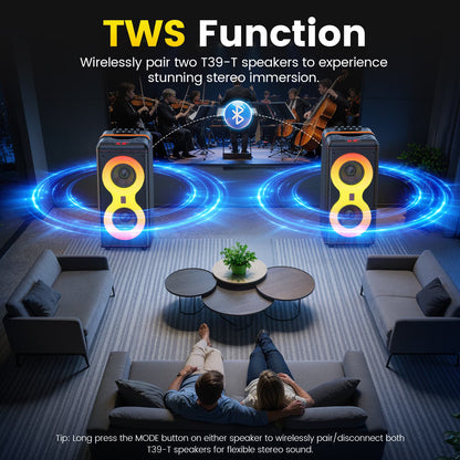 Party Speaker, Portable Outdoor Bluetooth Speaker with 2 Microphones, Led Lighting, Retro Leather Deep Bass PA System for Singing, T39