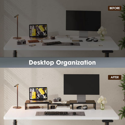 Dual Monitor Stand Riser, Adjustable Length and Angle, Black | Wooden 3-Shelf Design, Supports up to 55Lbs, Flexible for Standard Corner Space, Holds Monitor, Laptop, Phone, Printer