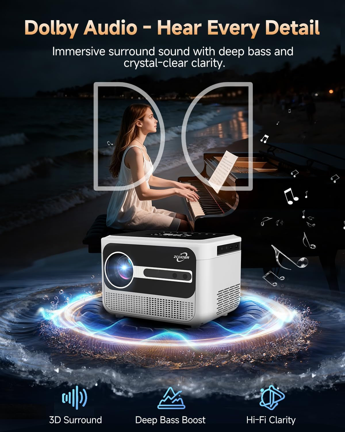 Portable Smart 4K Projector for Home, 1300 ANSI Lumens Movie Projector with Auto Focus, Wifi Bluetooth,3 Brightness Mode, Dolby Audio, Movin Os 2.0-64GB, Built-In Apps for Bedroom, Outdoor, Gaming