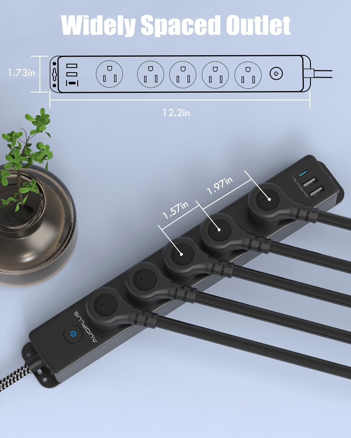 Surge Protector Power Strip with USB-C, 5FT Braided Extension Cord, 5 Outlets and 3 USB Ports (1 USB-C), Mountable Flat Plug Design with Overload Protection for Home, Dorm, and Office Use