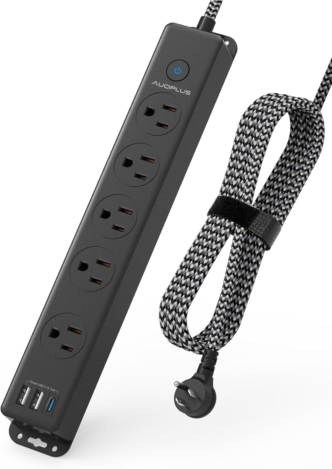 Surge Protector Power Strip with USB-C, 5FT Braided Extension Cord, 5 Outlets and 3 USB Ports (1 USB-C), Mountable Flat Plug Design with Overload Protection for Home, Dorm, and Office Use