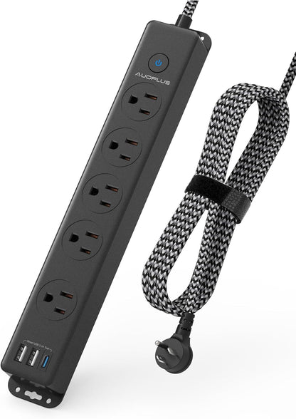 Surge Protector Power Strip with USB-C, 5FT Braided Extension Cord, 5 Outlets and 3 USB Ports (1 USB-C), Mountable Flat Plug Design with Overload Protection for Home, Dorm, and Office Use