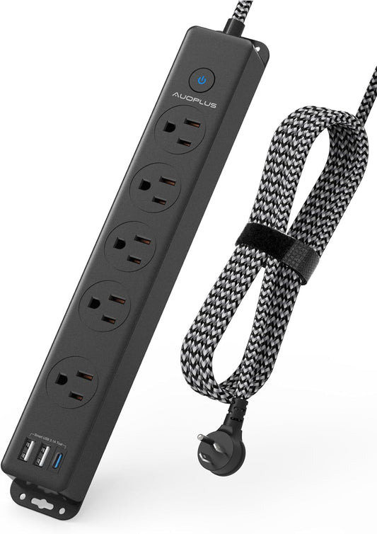 Surge Protector Power Strip with USB-C, 5FT Braided Extension Cord, 5 Outlets and 3 USB Ports (1 USB-C), Mountable Flat Plug Design with Overload Protection for Home, Dorm, and Office Use