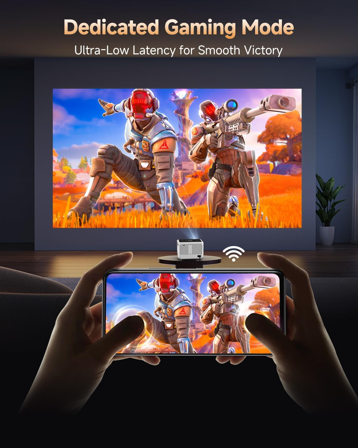 Portable Smart 4K Projector for Home, 1300 ANSI Lumens Movie Projector with Auto Focus, Wifi Bluetooth,3 Brightness Mode, Dolby Audio, Movin Os 2.0-64GB, Built-In Apps for Bedroom, Outdoor, Gaming