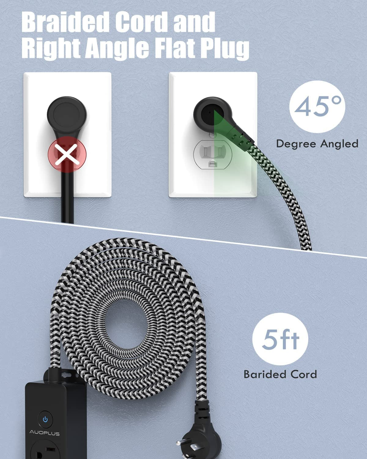 Surge Protector Power Strip with USB-C, 5FT Braided Extension Cord, 5 Outlets and 3 USB Ports (1 USB-C), Mountable Flat Plug Design with Overload Protection for Home, Dorm, and Office Use