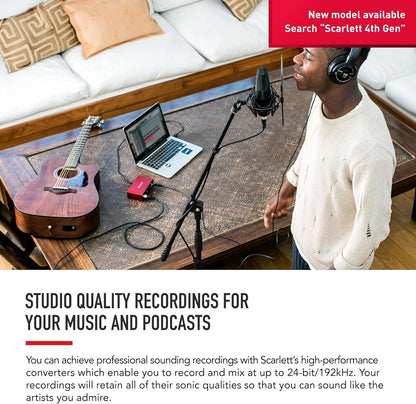 Scarlett Solo 3rd Generation USB Audio Interface for Musicians and Content Creators - Studio Quality Recording and Playback, Featuring 1 XLR Mic Preamp, 1 Hi-Z Instrument Input, 24-Bit/192kHz Resolution, 56dB Gain Range, Air Mode, Compatible with macOS, Windows, and iPadOS
