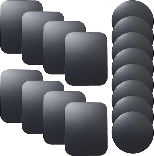 Replacement Metal Plates Set 16 Pack for Magnetic Car Phone Holders, Wall, Air Vent Mounts, Cases, Magnets. Kit of 8 Black round and 8 Rectangular Iron Discs without Holes. 3M Adhesive Backing