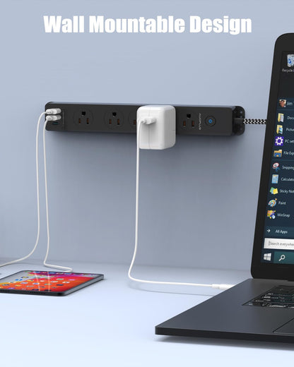 Surge Protector Power Strip with USB-C, 5FT Braided Extension Cord, 5 Outlets and 3 USB Ports (1 USB-C), Mountable Flat Plug Design with Overload Protection for Home, Dorm, and Office Use