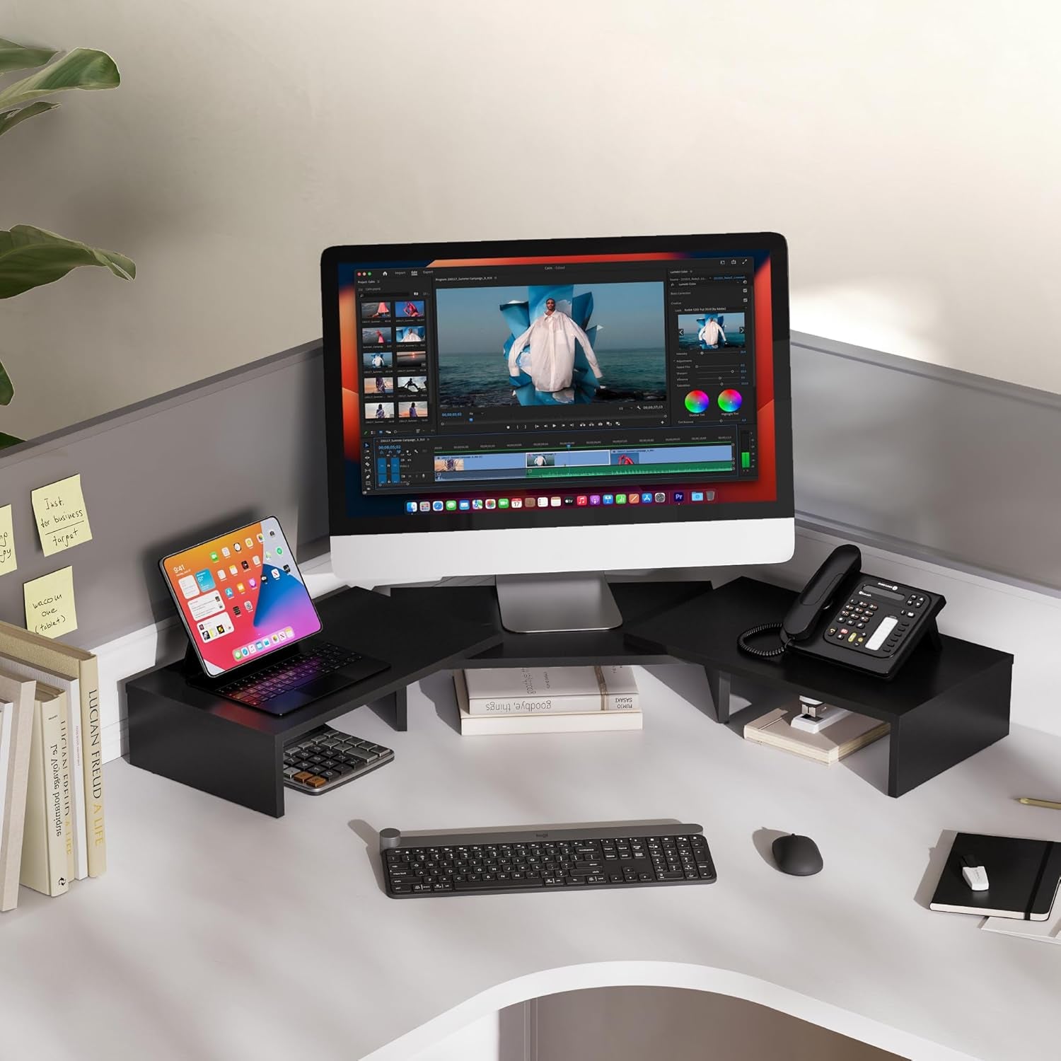 Dual Monitor Stand Riser, Adjustable Length and Angle, Black | Wooden 3-Shelf Design, Supports up to 55Lbs, Flexible for Standard Corner Space, Holds Monitor, Laptop, Phone, Printer
