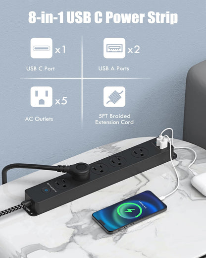 Surge Protector Power Strip with USB-C, 5FT Braided Extension Cord, 5 Outlets and 3 USB Ports (1 USB-C), Mountable Flat Plug Design with Overload Protection for Home, Dorm, and Office Use