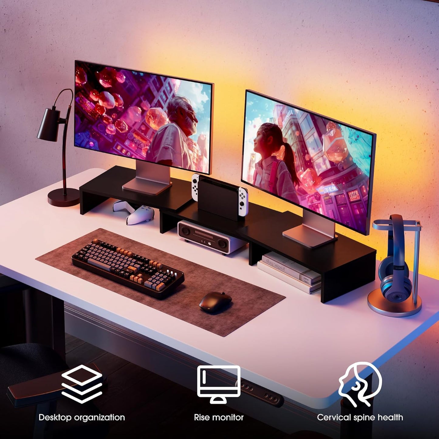 Dual Monitor Stand Riser, Adjustable Length and Angle, Black | Wooden 3-Shelf Design, Supports up to 55Lbs, Flexible for Standard Corner Space, Holds Monitor, Laptop, Phone, Printer
