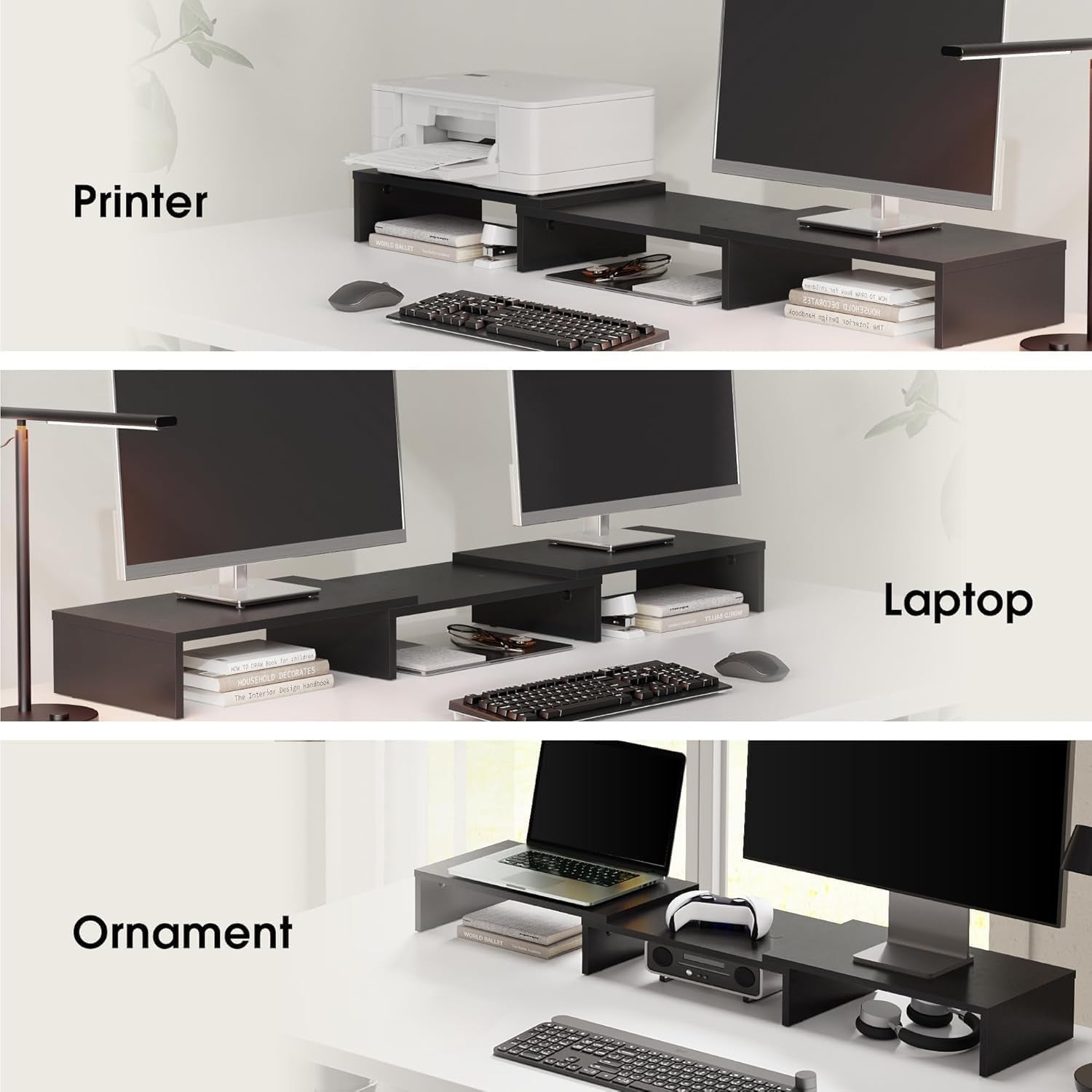 Dual Monitor Stand Riser, Adjustable Length and Angle, Black | Wooden 3-Shelf Design, Supports up to 55Lbs, Flexible for Standard Corner Space, Holds Monitor, Laptop, Phone, Printer