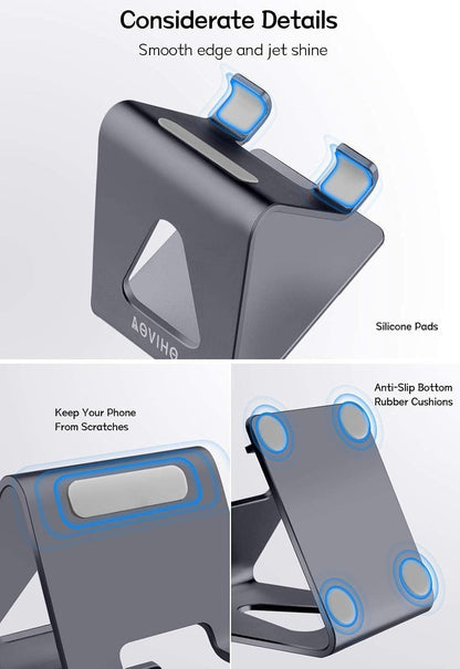 Aluminum Mobile Phone Stand and Desk Holder for iPhone 15, 14, 13, 12 Pro, 11, X, XS Max, 8, 7, 6, 6S Plus, SE, 5, and Samsung Smartphones - Dark Gray