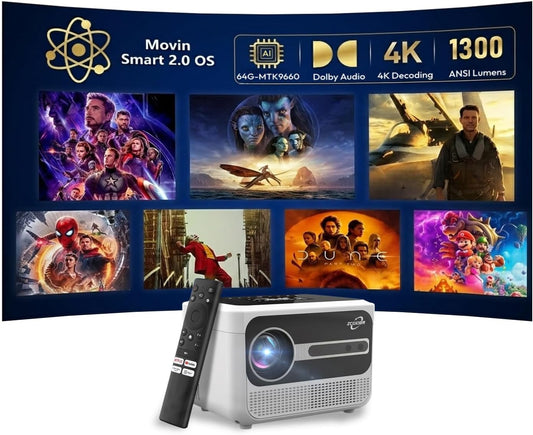 Portable Smart 4K Projector for Home, 1300 ANSI Lumens Movie Projector with Auto Focus, Wifi Bluetooth,3 Brightness Mode, Dolby Audio, Movin Os 2.0-64GB, Built-In Apps for Bedroom, Outdoor, Gaming