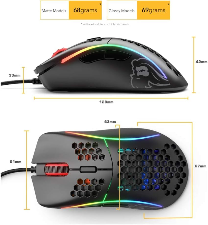 Model D Wired Gaming Mouse - 68g Ultra-Lightweight Honeycomb Design, RGB Lighting, Ergonomic Build, Pixart 3360 Sensor, Omron Switches, PTFE Feet, 6 Buttons - Glossy White Finish