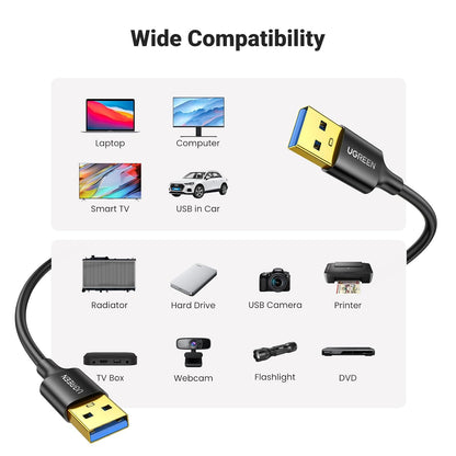 UGREEN USB 3.0 Male to Male Cable, 3.3 FT, 5 Gbps Data Transfer, Durable Nylon Design, Compatible with Hard Drives, Cooling Fans, Cameras, DVD Players, TVs, Flashlights, Hubs, Monitors, and Speakers