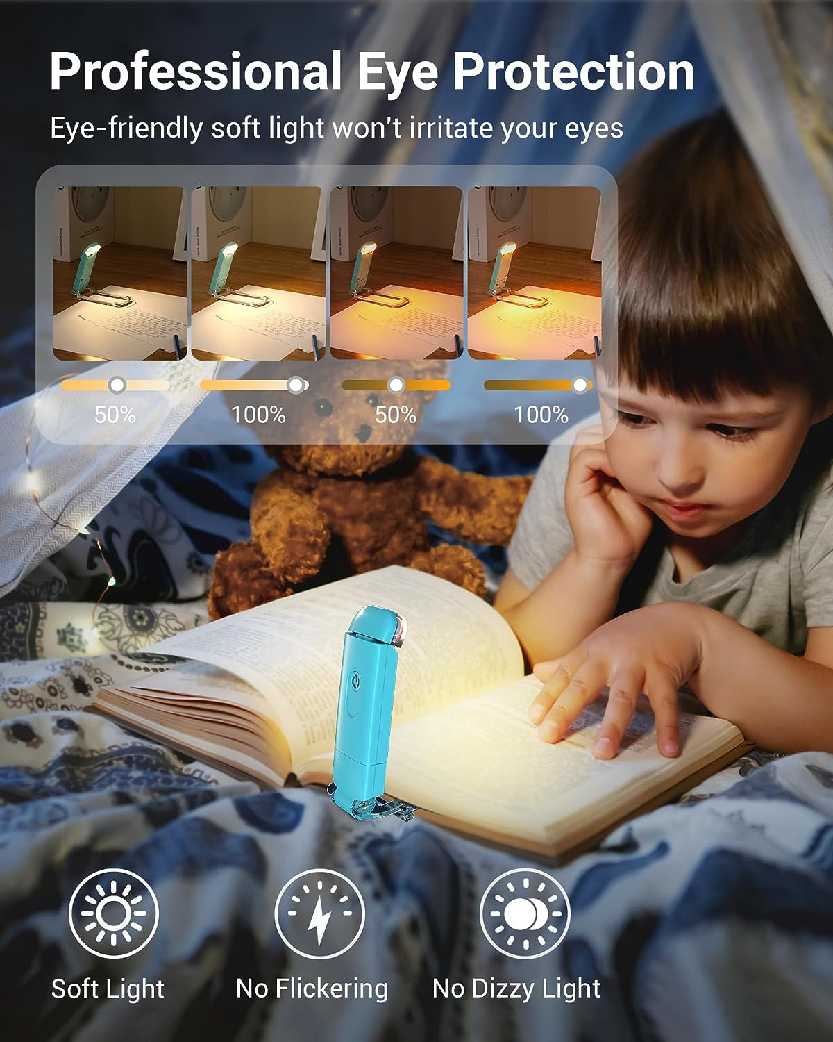 Adjustable Brightness USB Rechargeable Clip-On Book Reading Light (Blue) | Amber & Warm White Glow, Flexible Angle, Ideal Sleep Aid for All Ages