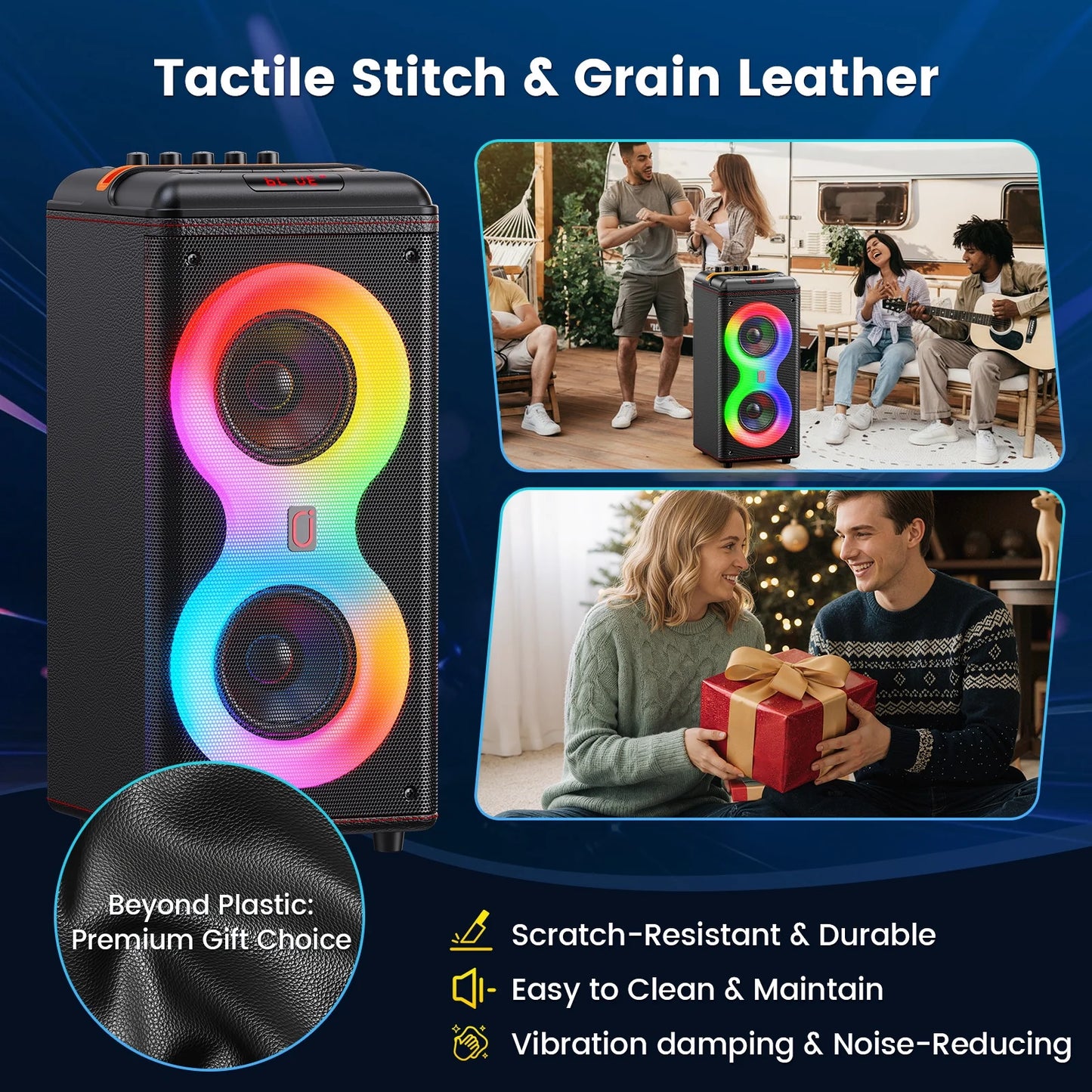 Party Speaker, Portable Outdoor Bluetooth Speaker with 2 Microphones, Led Lighting, Retro Leather Deep Bass PA System for Singing, T39
