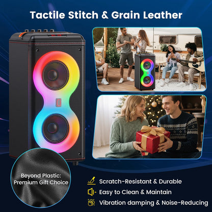 Party Speaker, Portable Outdoor Bluetooth Speaker with 2 Microphones, Led Lighting, Retro Leather Deep Bass PA System for Singing, T39