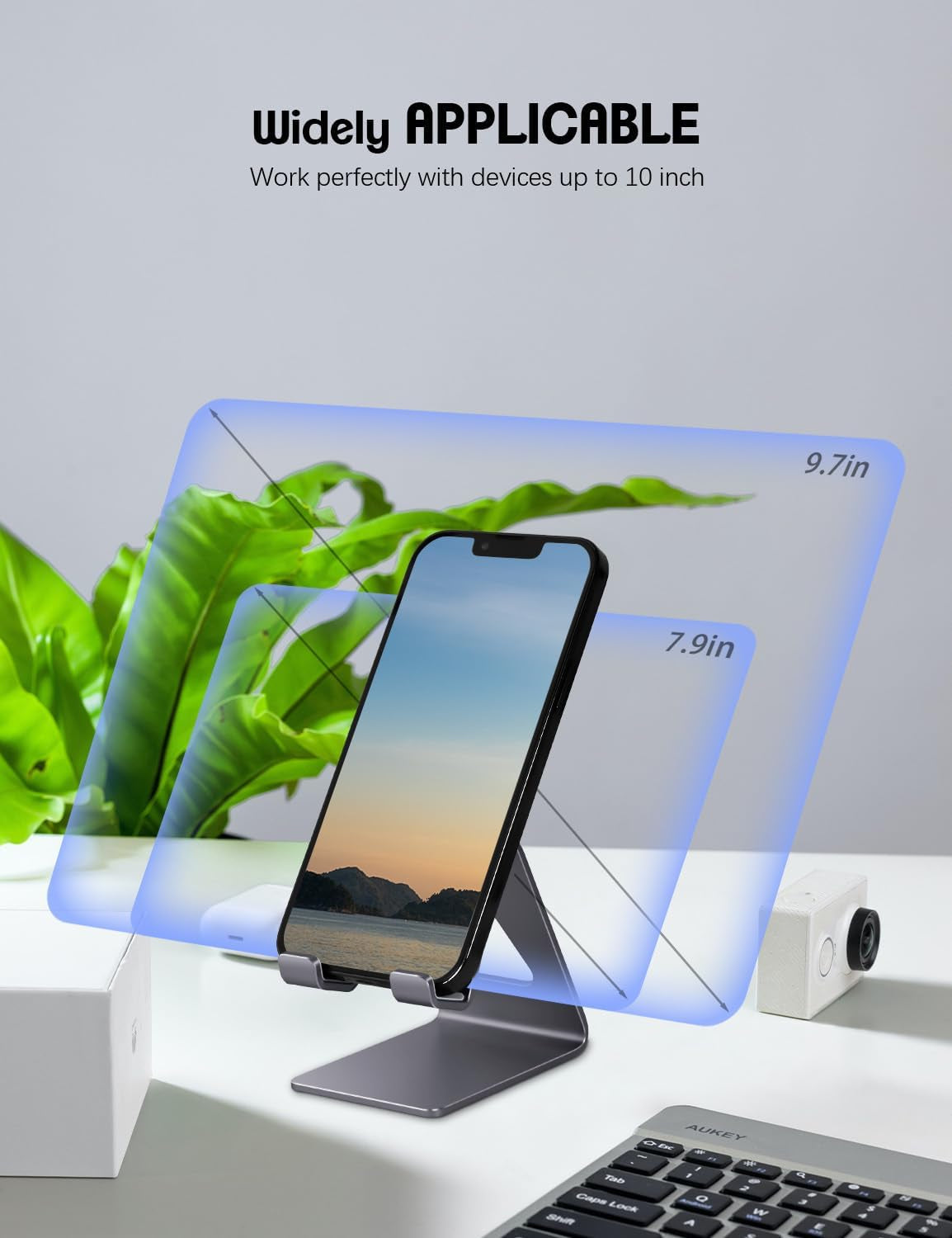 Aluminum Mobile Phone Stand and Desk Holder for iPhone 15, 14, 13, 12 Pro, 11, X, XS Max, 8, 7, 6, 6S Plus, SE, 5, and Samsung Smartphones - Dark Gray
