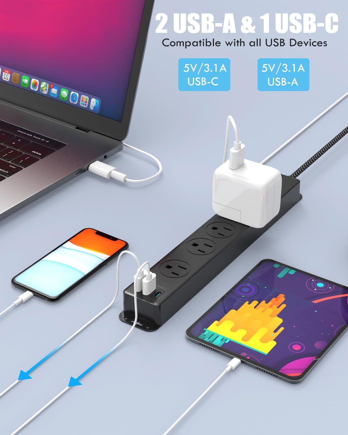 Surge Protector Power Strip with USB-C, 5FT Braided Extension Cord, 5 Outlets and 3 USB Ports (1 USB-C), Mountable Flat Plug Design with Overload Protection for Home, Dorm, and Office Use