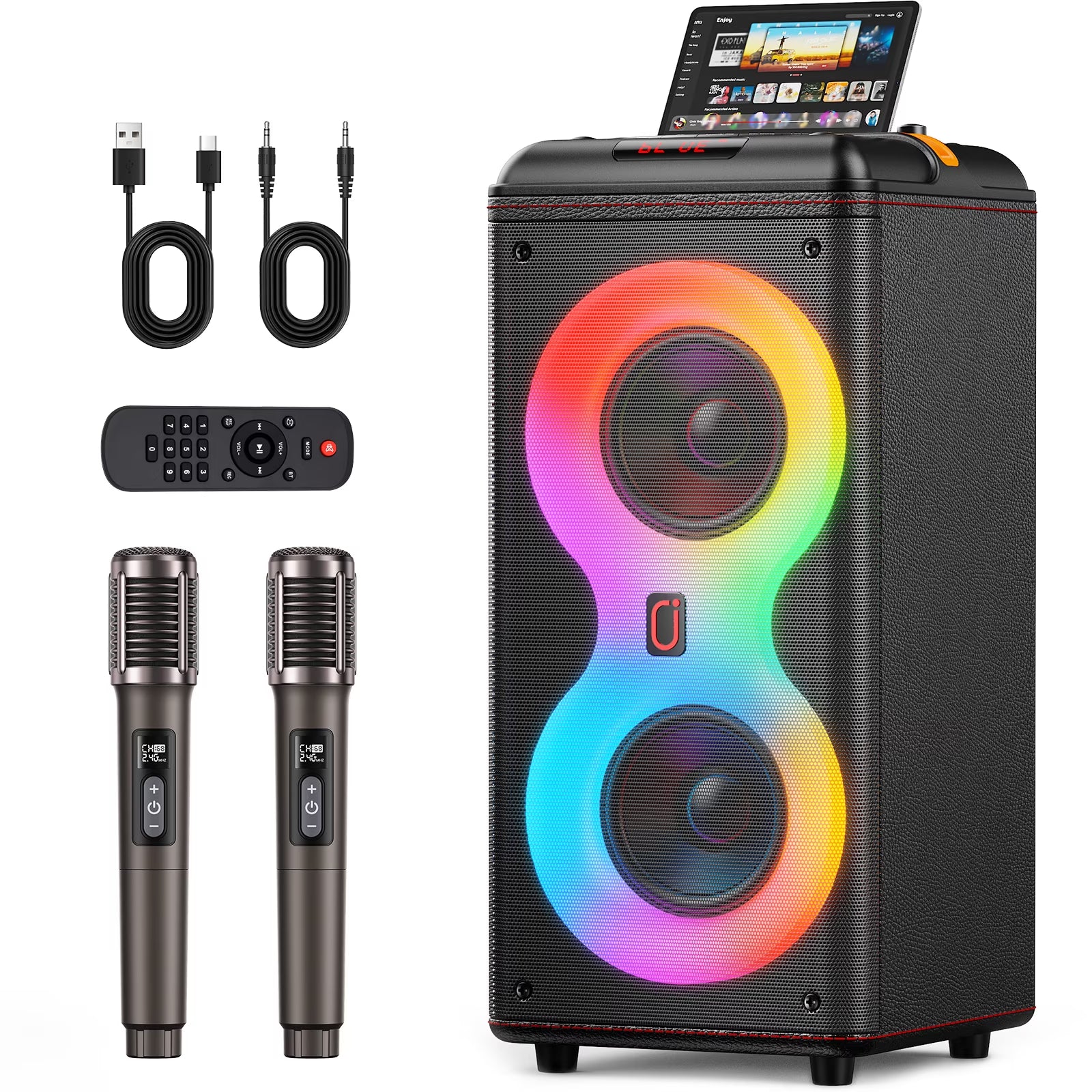Party Speaker, Portable Outdoor Bluetooth Speaker with 2 Microphones, Led Lighting, Retro Leather Deep Bass PA System for Singing, T39