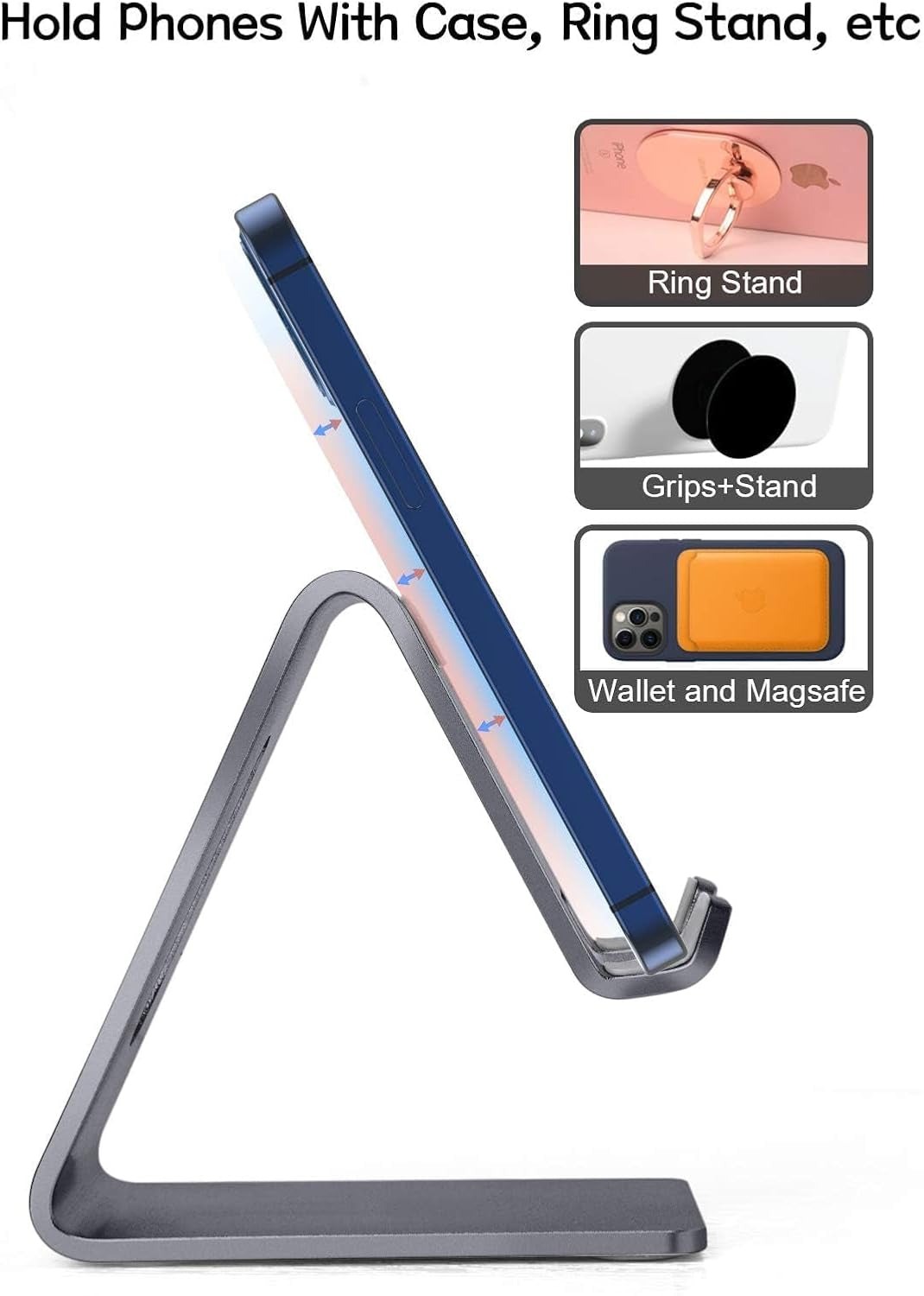 Aluminum Mobile Phone Stand and Desk Holder for iPhone 15, 14, 13, 12 Pro, 11, X, XS Max, 8, 7, 6, 6S Plus, SE, 5, and Samsung Smartphones - Dark Gray