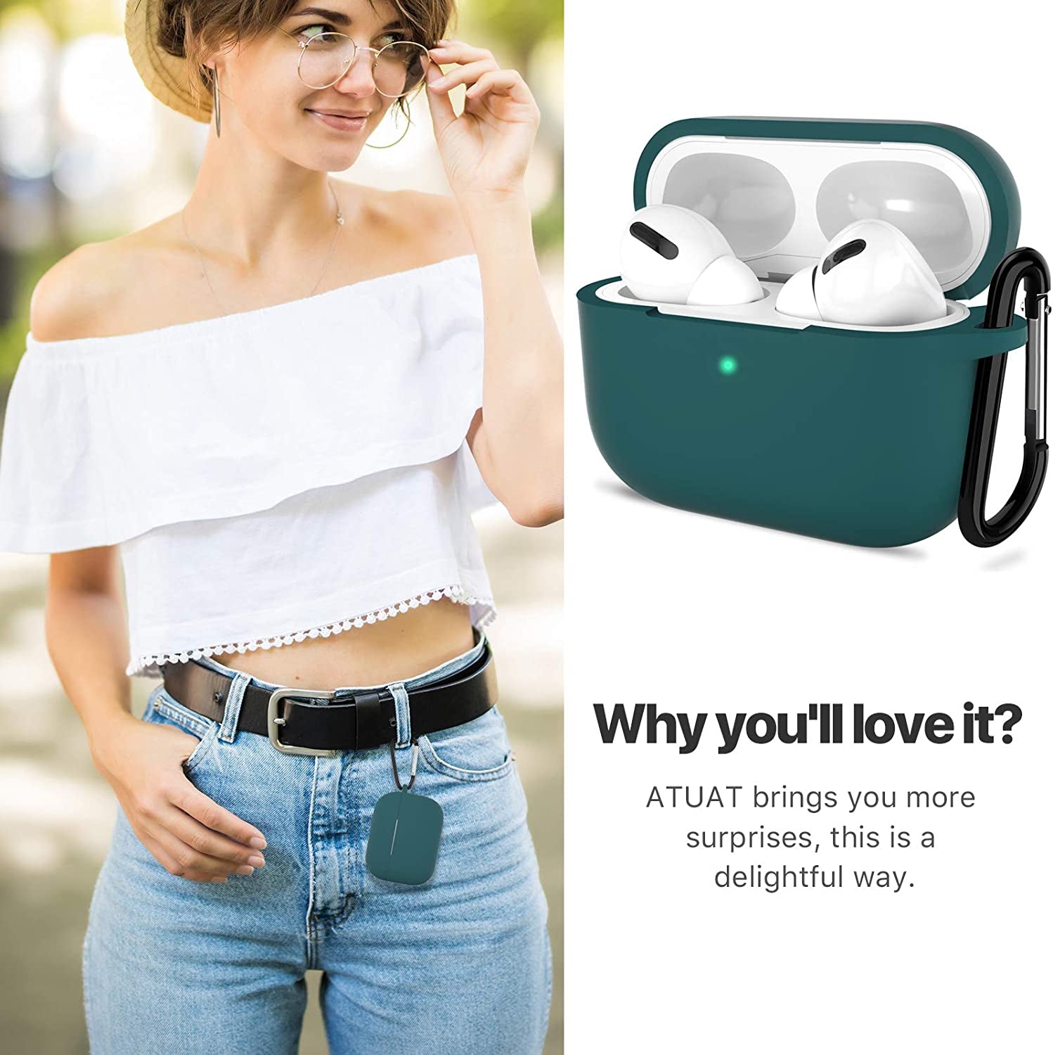 For Airpods Pro 1St/2Nd Generation Case Cover, Protective Silicone Skin Accessories with Keychain for Women Men for Apple Airpods Pro 2019/2022 Charging Case,Front LED Visible-Midnight Green