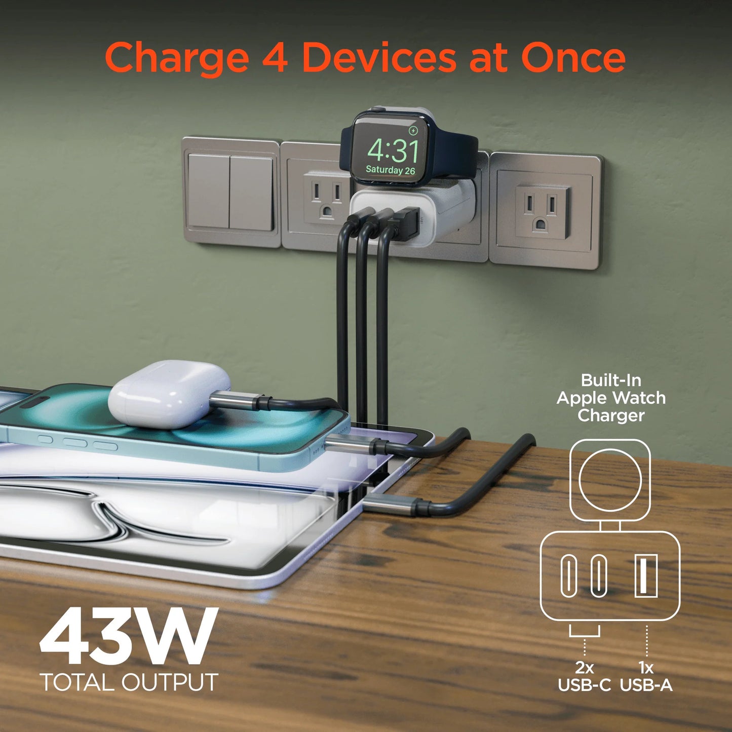 Hypergear Speedboost 43W 3-Port Fast Phone and Watch Wall Charger