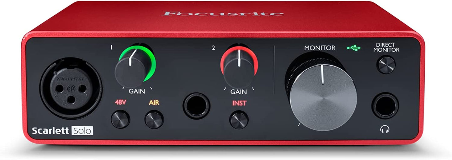 Scarlett Solo 3rd Generation USB Audio Interface for Musicians and Content Creators - Studio Quality Recording and Playback, Featuring 1 XLR Mic Preamp, 1 Hi-Z Instrument Input, 24-Bit/192kHz Resolution, 56dB Gain Range, Air Mode, Compatible with macOS, Windows, and iPadOS