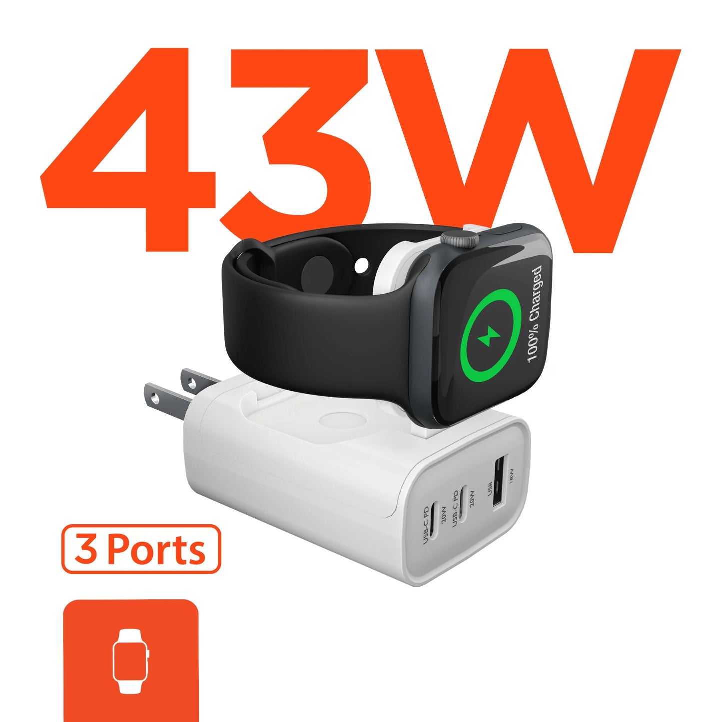 Hypergear Speedboost 43W 3-Port Fast Phone and Watch Wall Charger