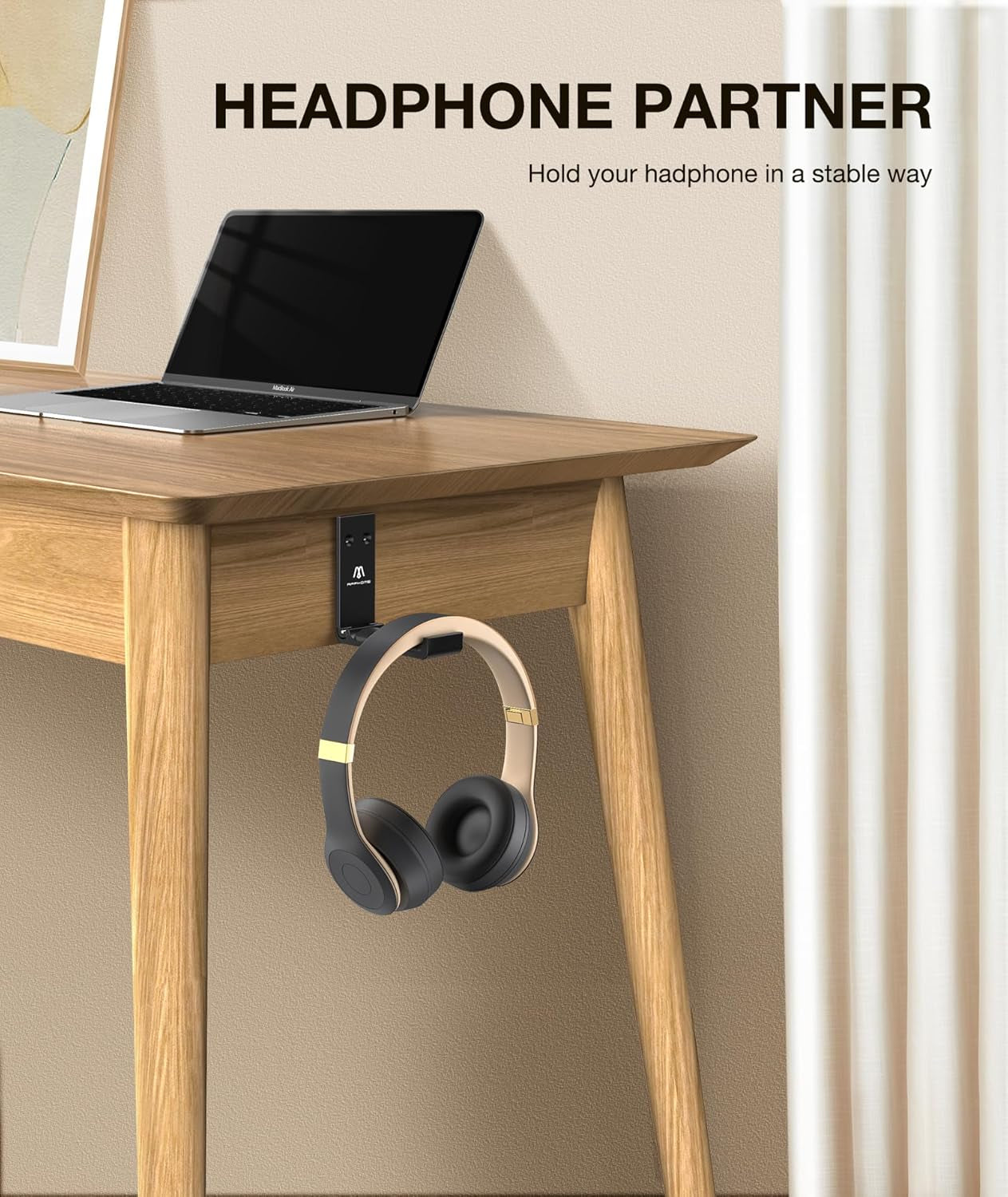 Foldable Aluminum Headphone Stand & Headset Holder Mount, under Desk Wall Hook with No-Scratch Silicone Pad, Strong Adhesive Gaming Headset Hanger for PC, Home & Office
