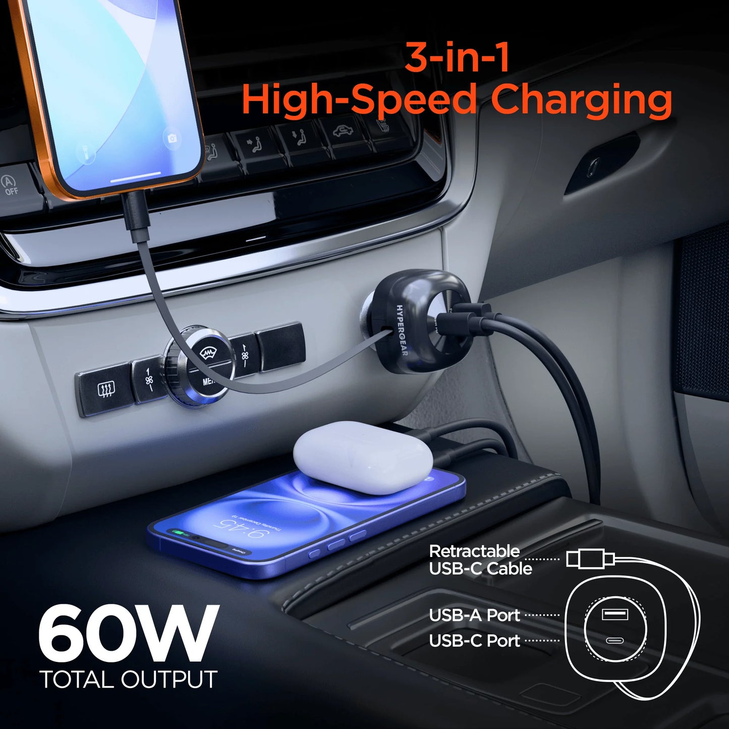 Hypergear Speedboost 60W Retractable Car Charger