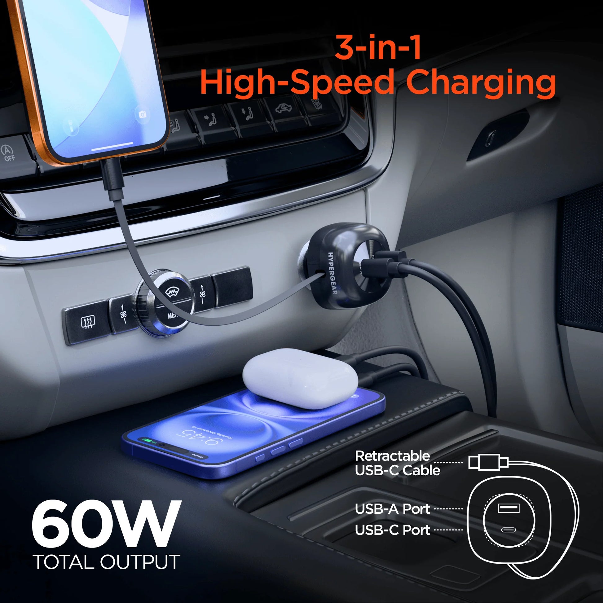 Hypergear Speedboost 60W Retractable Car Charger