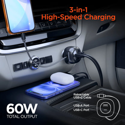 Hypergear Speedboost 60W Retractable Car Charger