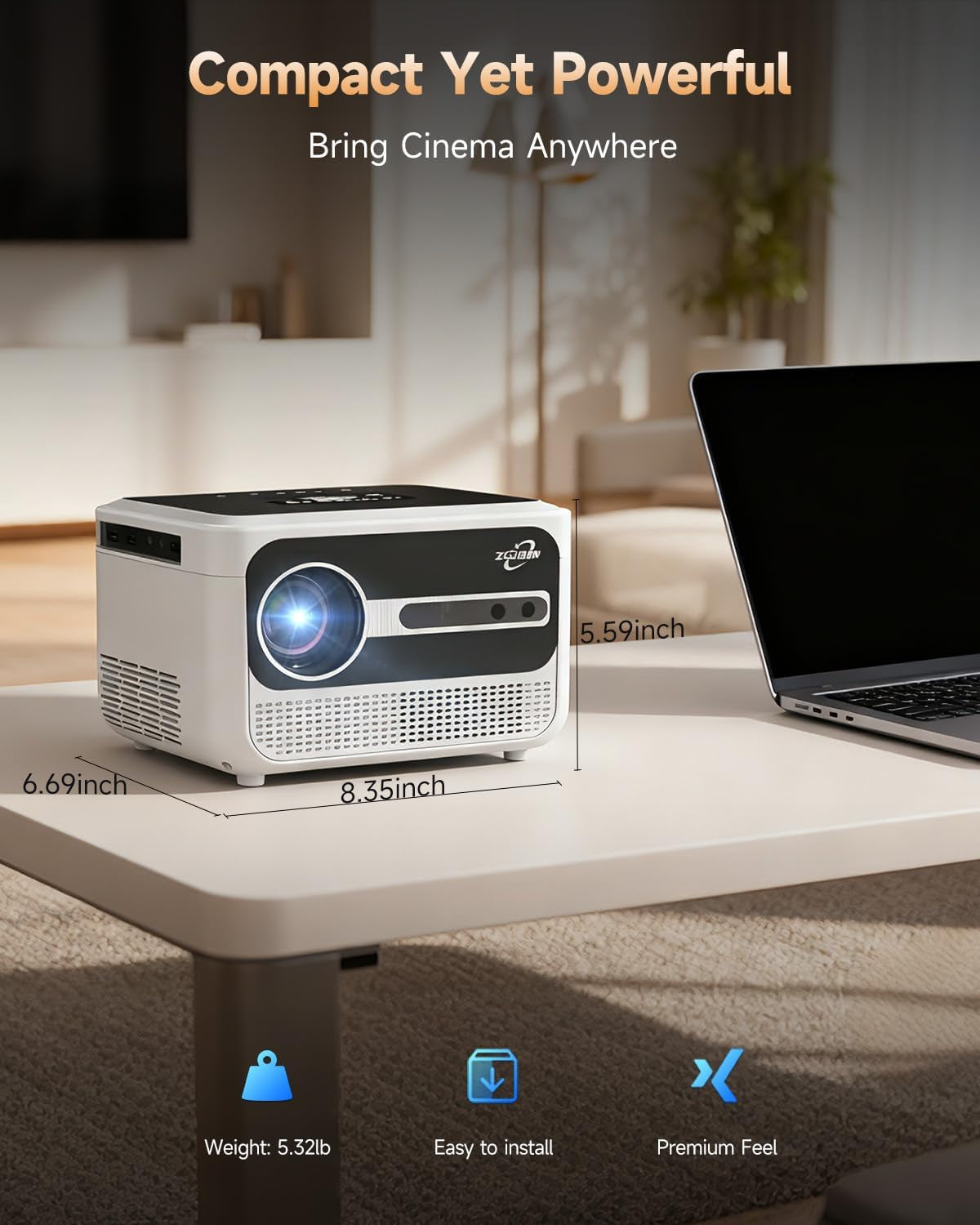 Portable Smart 4K Projector for Home, 1300 ANSI Lumens Movie Projector with Auto Focus, Wifi Bluetooth,3 Brightness Mode, Dolby Audio, Movin Os 2.0-64GB, Built-In Apps for Bedroom, Outdoor, Gaming