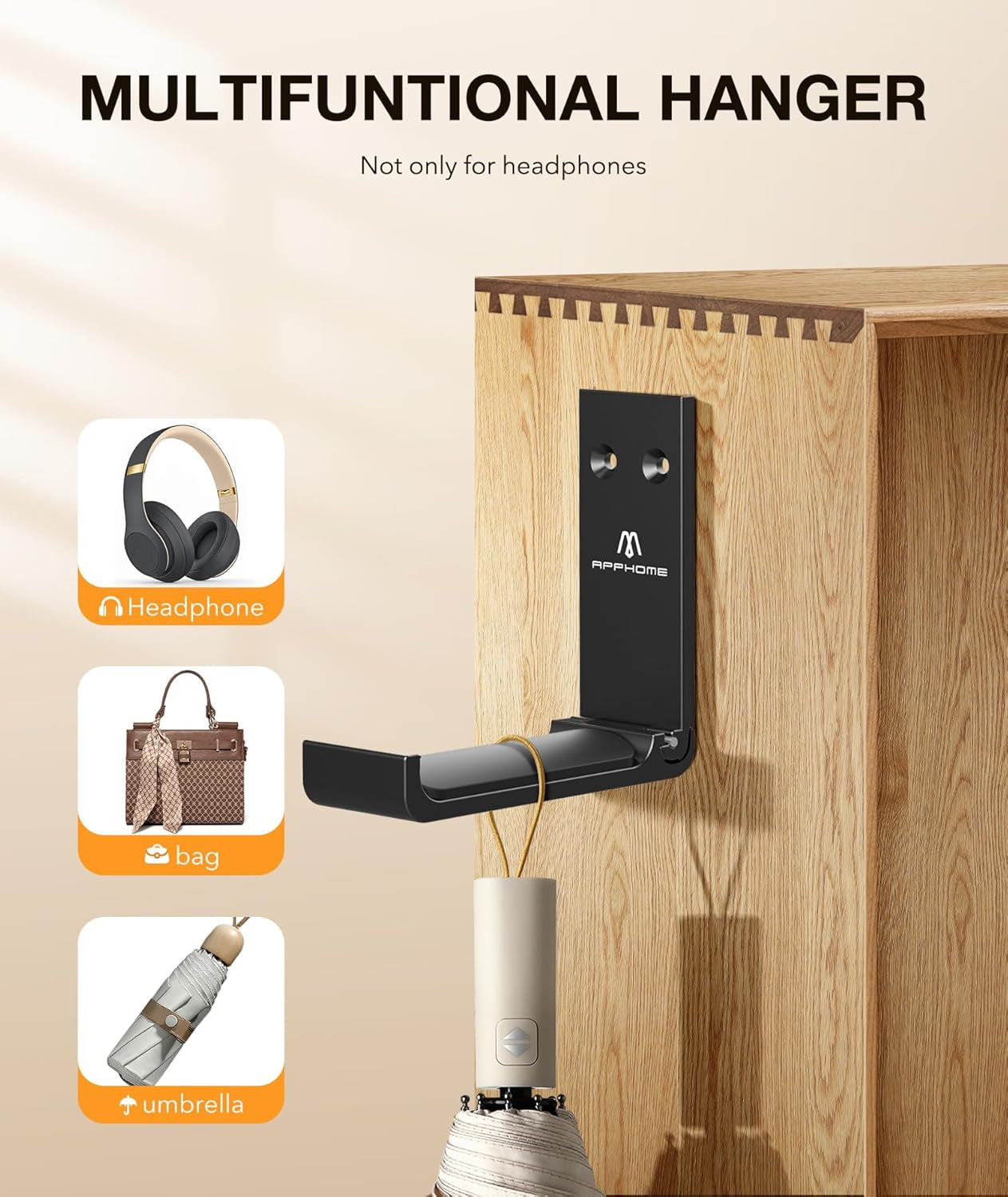Foldable Aluminum Headphone Stand & Headset Holder Mount, under Desk Wall Hook with No-Scratch Silicone Pad, Strong Adhesive Gaming Headset Hanger for PC, Home & Office