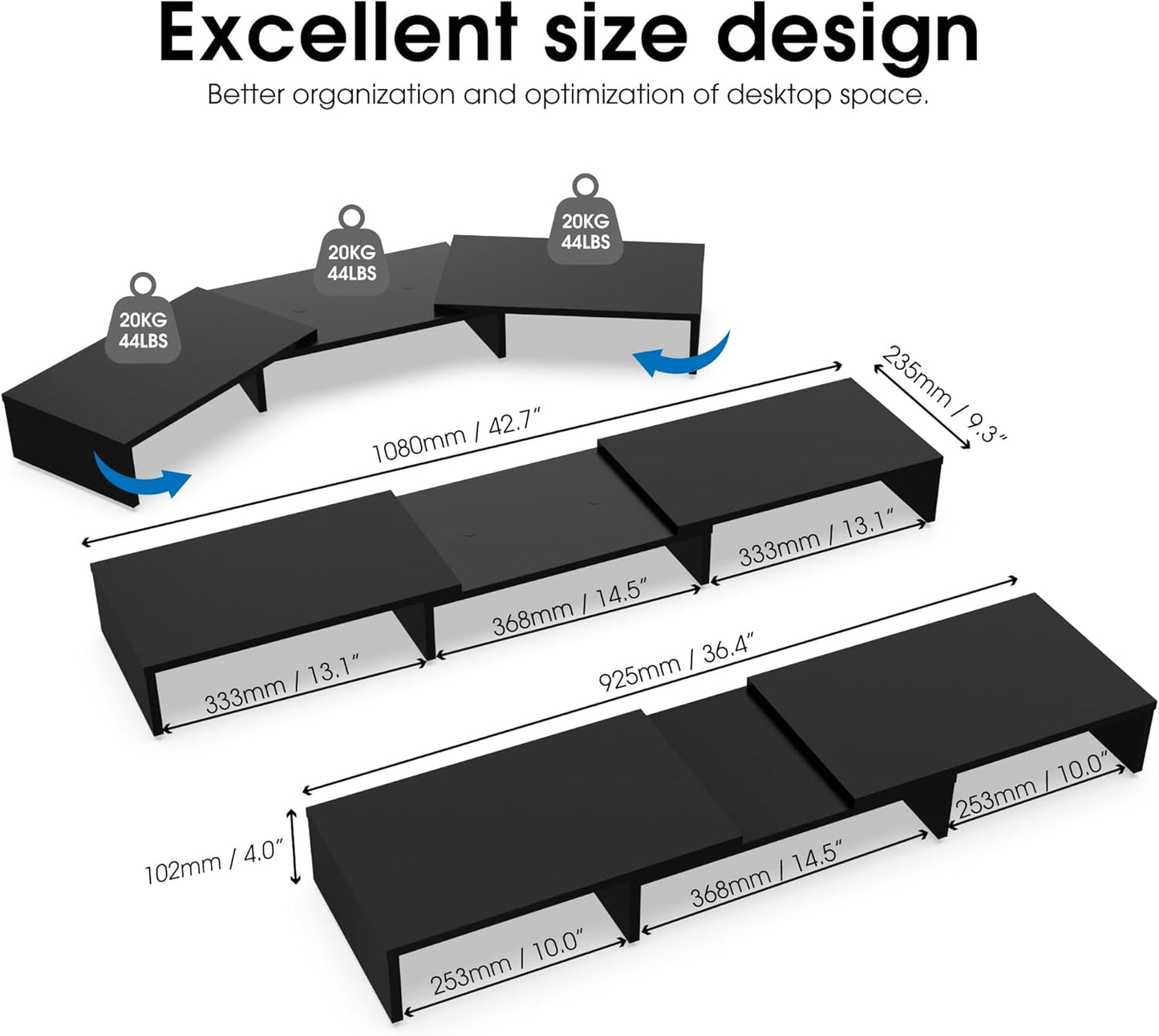 Dual Monitor Stand Riser, Adjustable Length and Angle, Black | Wooden 3-Shelf Design, Supports up to 55Lbs, Flexible for Standard Corner Space, Holds Monitor, Laptop, Phone, Printer
