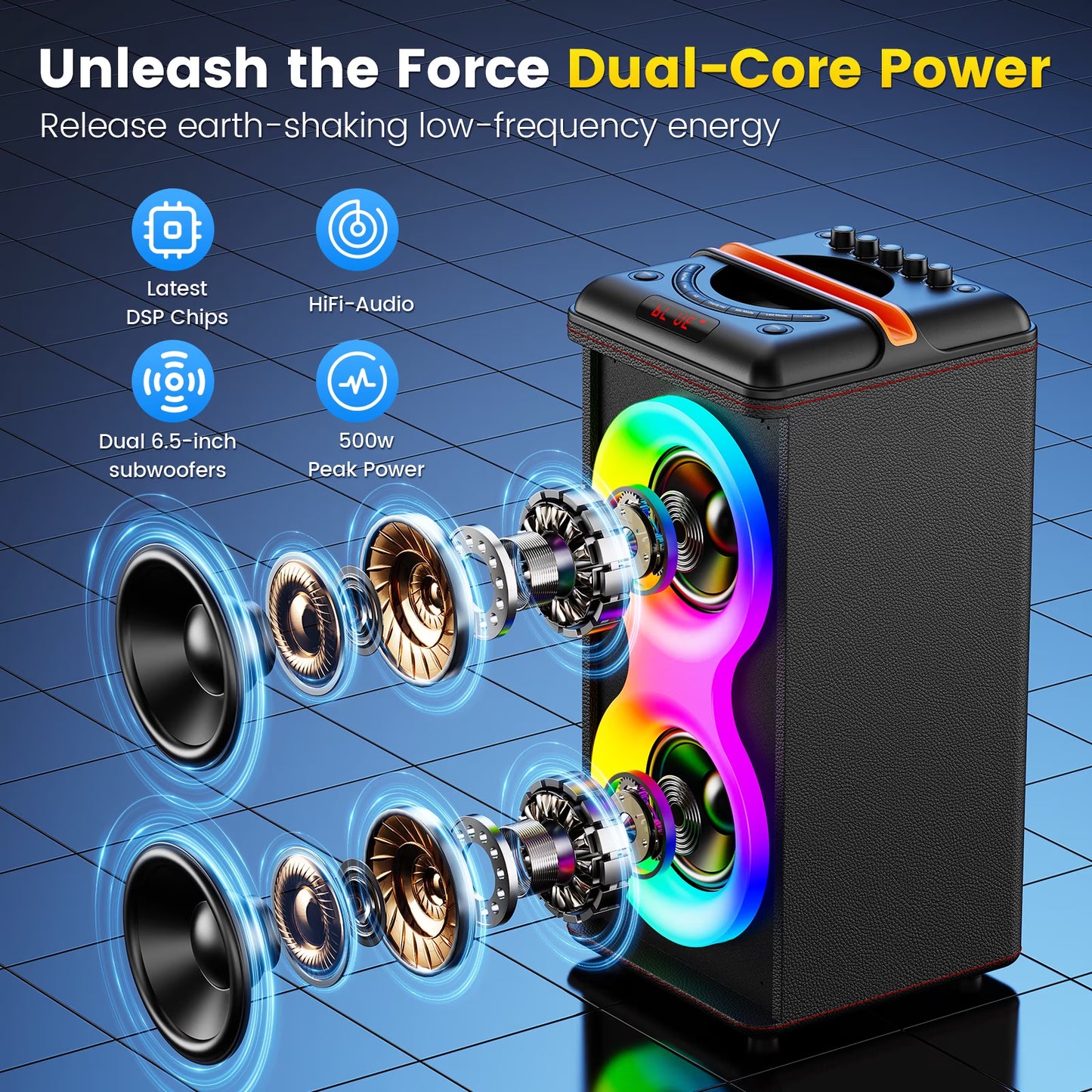 Party Speaker, Portable Outdoor Bluetooth Speaker with 2 Microphones, Led Lighting, Retro Leather Deep Bass PA System for Singing, T39