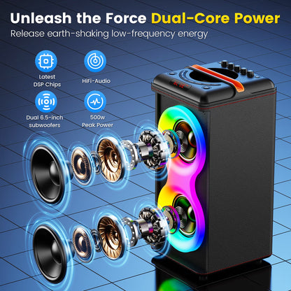 Party Speaker, Portable Outdoor Bluetooth Speaker with 2 Microphones, Led Lighting, Retro Leather Deep Bass PA System for Singing, T39