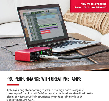 Scarlett Solo 3rd Generation USB Audio Interface for Musicians and Content Creators - Studio Quality Recording and Playback, Featuring 1 XLR Mic Preamp, 1 Hi-Z Instrument Input, 24-Bit/192kHz Resolution, 56dB Gain Range, Air Mode, Compatible with macOS, Windows, and iPadOS