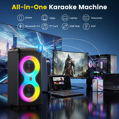 Party Speaker, Portable Outdoor Bluetooth Speaker with 2 Microphones, Led Lighting, Retro Leather Deep Bass PA System for Singing, T39