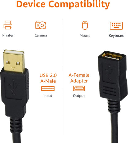 USB-A 2.0 Extension Cable, Male to Female, 480Mbps Transfer Speed, 6.5 Foot, Black