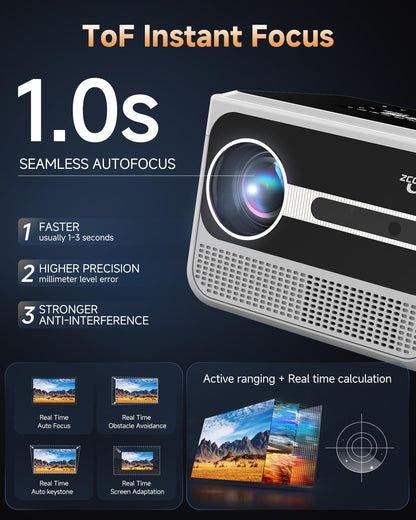 Portable Smart 4K Projector for Home, 1300 ANSI Lumens Movie Projector with Auto Focus, Wifi Bluetooth,3 Brightness Mode, Dolby Audio, Movin Os 2.0-64GB, Built-In Apps for Bedroom, Outdoor, Gaming