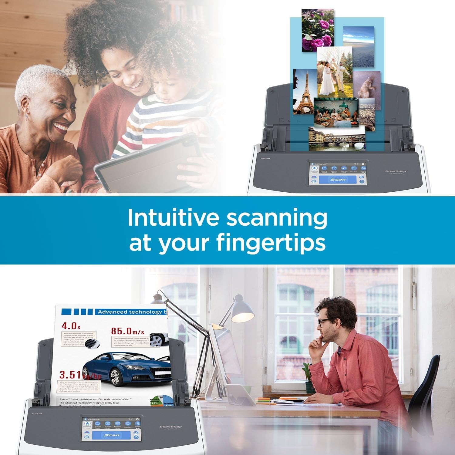 Ix1600 High-Speed Photo and Document Scanner, Wireless/USB Connectivity, Cloud Enabled, Large Touchscreen, Auto Document Feeder, Compatible with Mac and PC