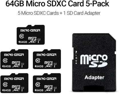 64GB Class 10 MicroSDHC Flash Memory Card with Adapter, 5-Pack | 80MB/s Read Speed, C10, U1 A1 Rated for Security Cameras, Smartphones, Drones, Tablets, and PCs