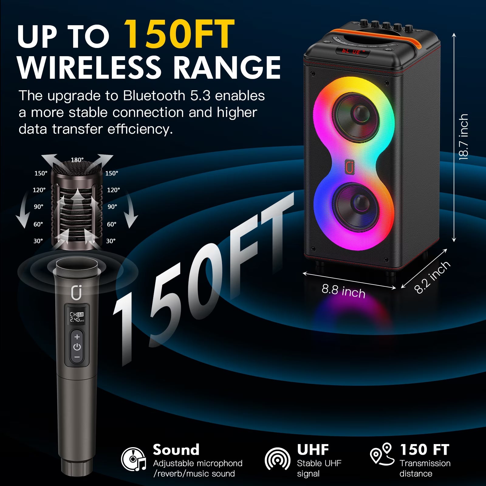 Party Speaker, Portable Outdoor Bluetooth Speaker with 2 Microphones, Led Lighting, Retro Leather Deep Bass PA System for Singing, T39
