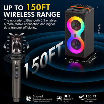 Party Speaker, Portable Outdoor Bluetooth Speaker with 2 Microphones, Led Lighting, Retro Leather Deep Bass PA System for Singing, T39