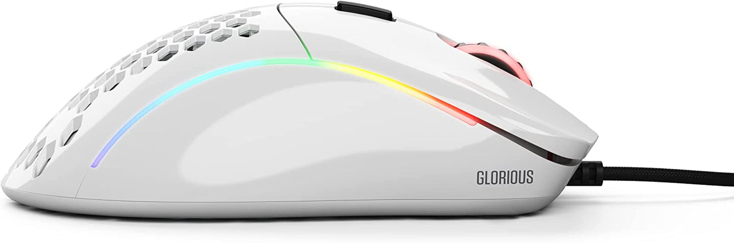 Model D Wired Gaming Mouse - 68g Ultra-Lightweight Honeycomb Design, RGB Lighting, Ergonomic Build, Pixart 3360 Sensor, Omron Switches, PTFE Feet, 6 Buttons - Glossy White Finish